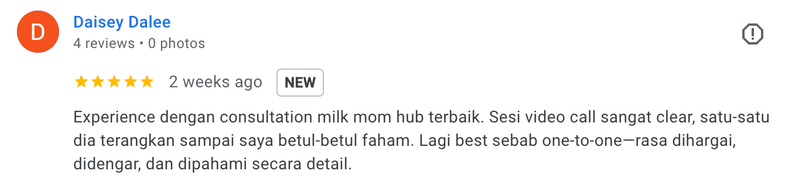5-star Google review about consultation with Milk and Mum Hub